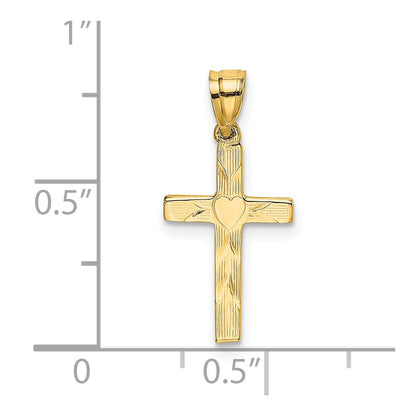 14K Yellow Gold Polished And Engraved Cross W/ Heart Center Charm