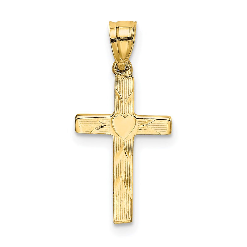 14K Yellow Gold Polished And Engraved Cross W/ Heart Center Charm