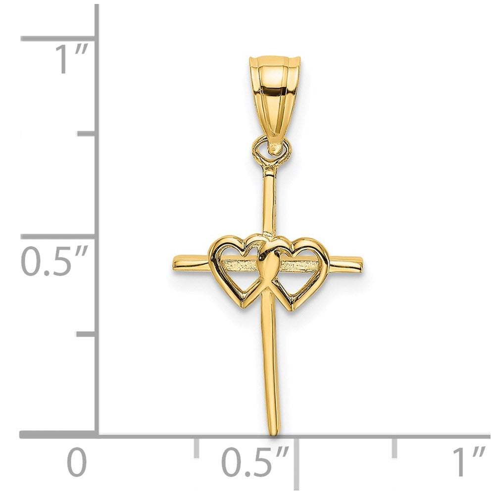 14K Yellow Gold Polished Double Hearts On Stick Cross Charm