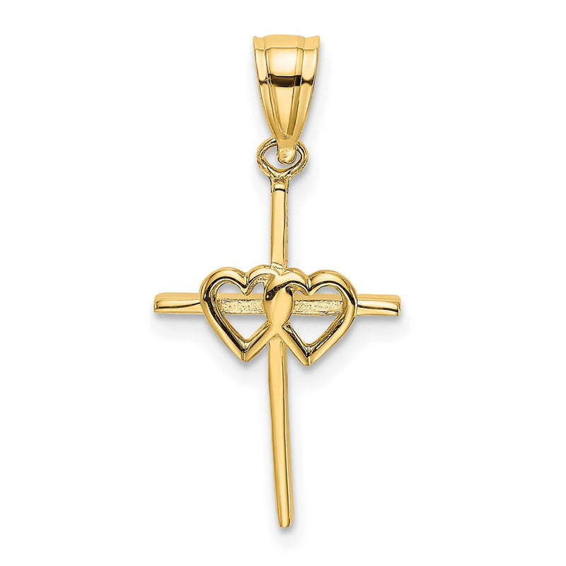 14K Yellow Gold Polished Double Hearts On Stick Cross Charm