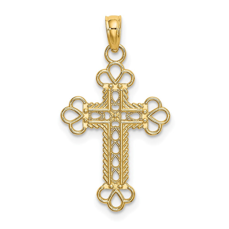 14K Yellow Gold Textured And Cut-Out W/ Rope Frame Block Cross Charm