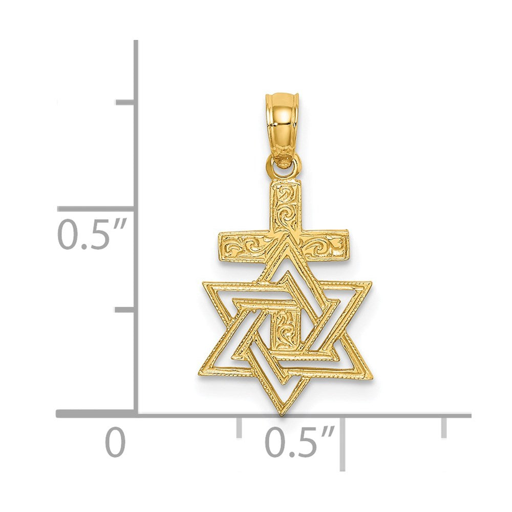 14K Yellow Gold Polished / Engraved Star Of David And Cross Charm