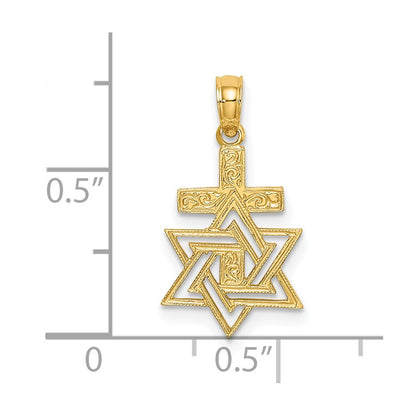 14K Yellow Gold Polished / Engraved Star Of David And Cross Charm