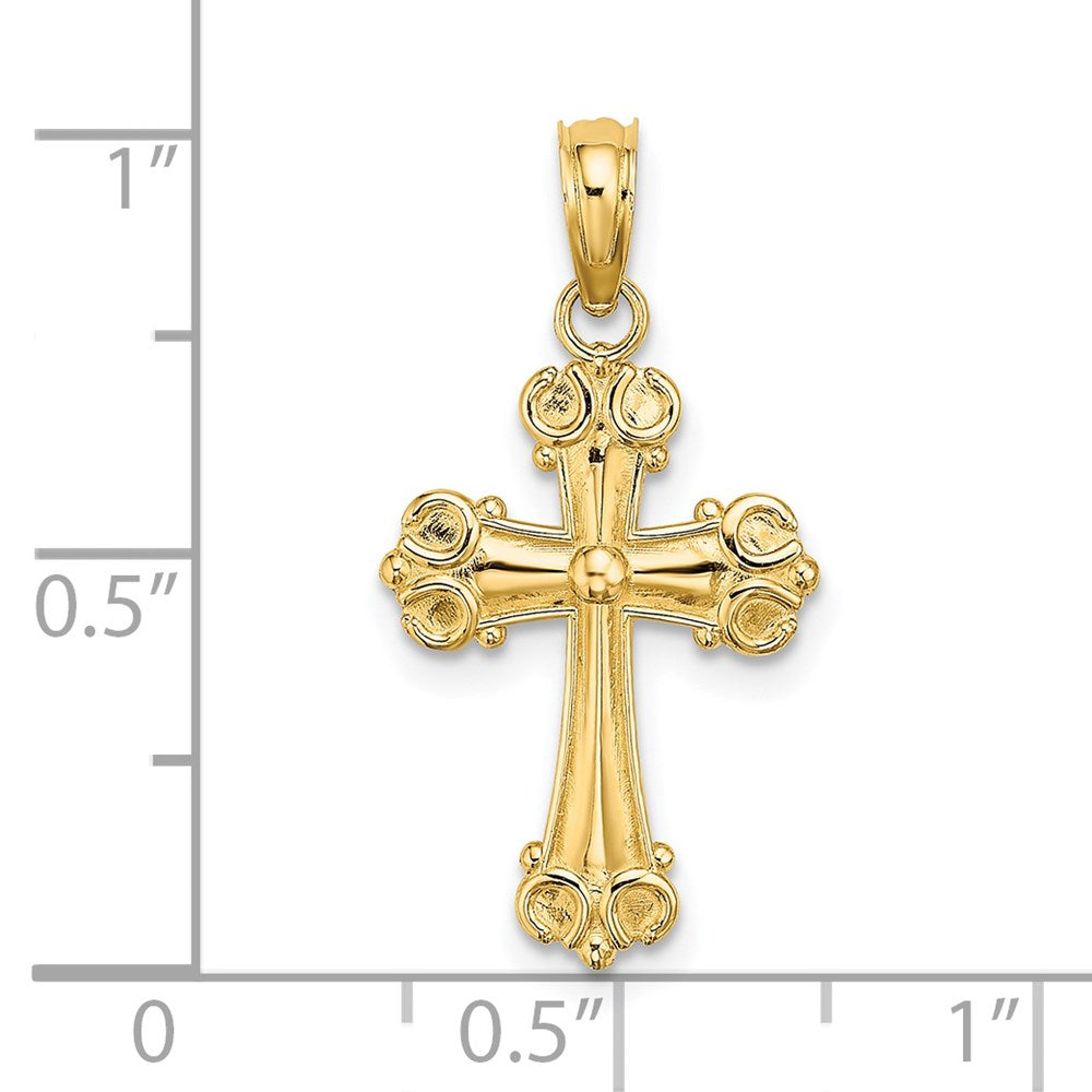 14K Yellow Gold Cross W/ Scroll Tips And Button Center Charm