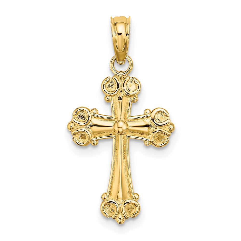 14K Yellow Gold Cross W/ Scroll Tips And Button Center Charm