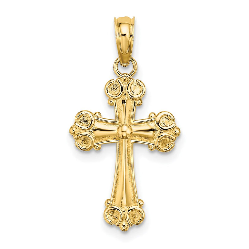 14K Yellow Gold Cross W/ Scroll Tips And Button Center Charm
