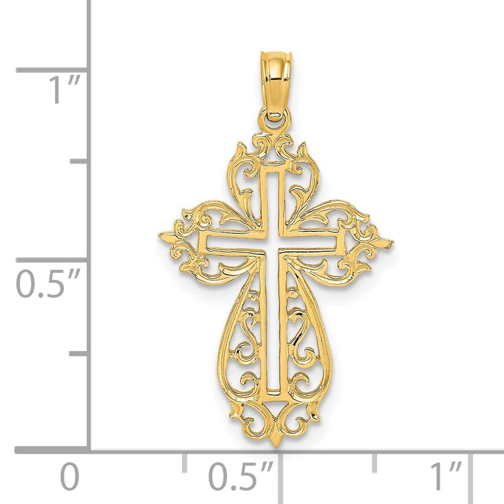 14K Yellow Gold Cut-Out Scroll Framed Cross Charm