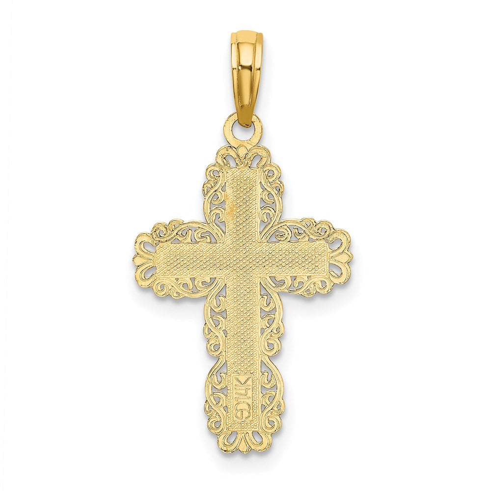 14K Yellow Gold Textured W/ Lace Trim Cross Charm