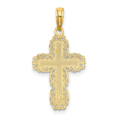 14K Yellow Gold Textured W/ Lace Trim Cross Charm