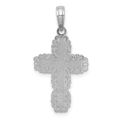 14K White Gold Textured W/ Lace Trim Cross Charm