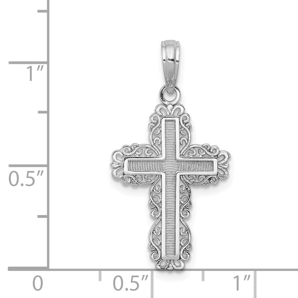 14K White Gold Textured W/ Lace Trim Cross Charm