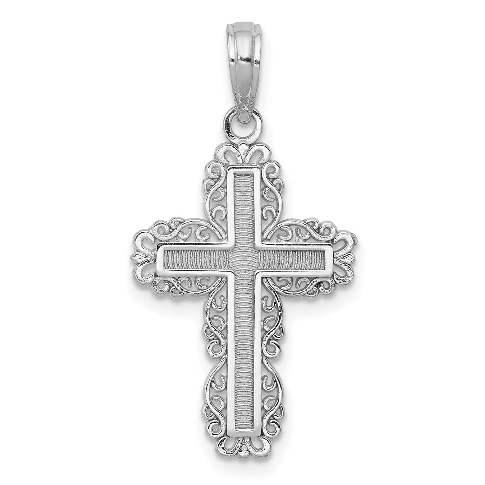 14K White Gold Textured W/ Lace Trim Cross Charm