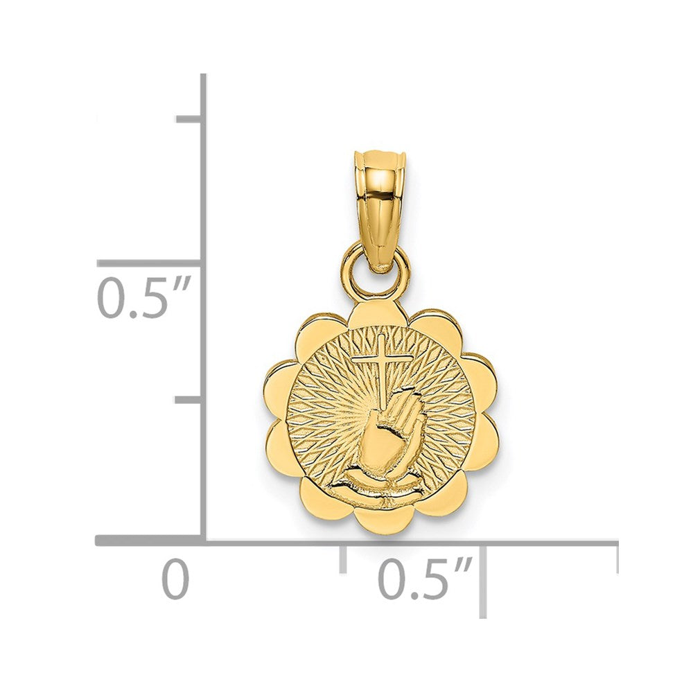 14K Yellow Gold Praying Hands And Cross On Scalloped Round Disk Charm