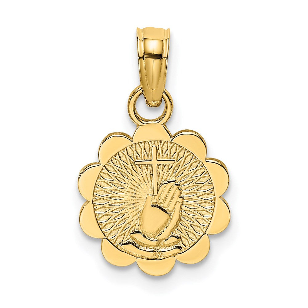 14K Yellow Gold Praying Hands And Cross On Scalloped Round Disk Charm