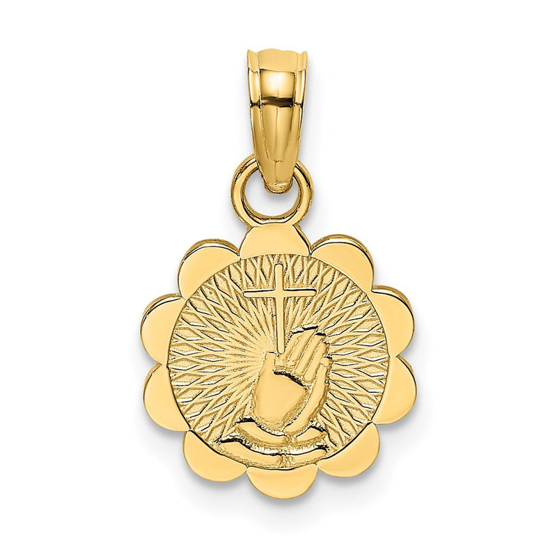 14K Yellow Gold Praying Hands And Cross On Scalloped Round Disk Charm