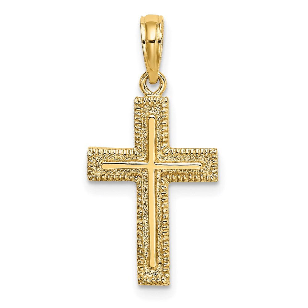 14K Yellow Gold Cross W/ Textured Border Design Charm