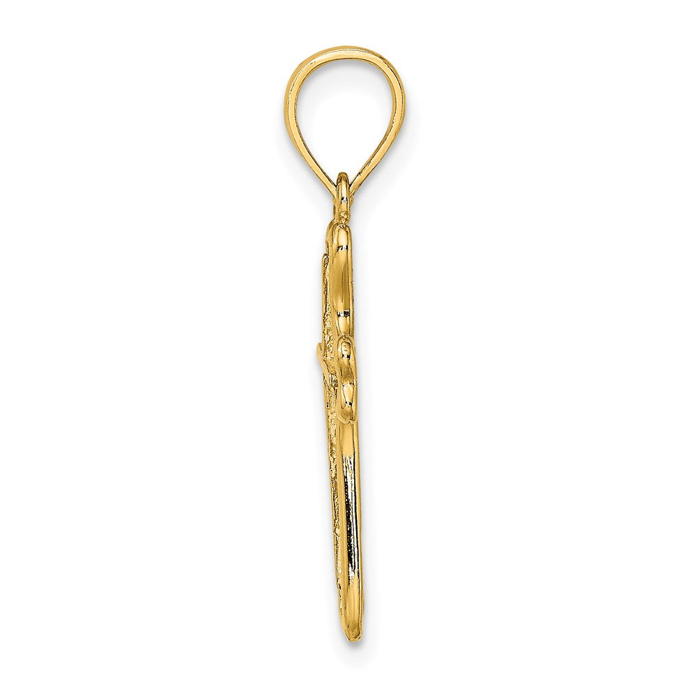 14K Yellow Gold Cross W/ Textured Heart Edges Design Charm