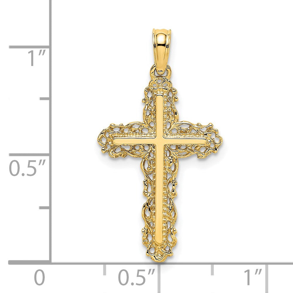 14K Yellow Gold Cross W/ Filigree Lace Trim Charm