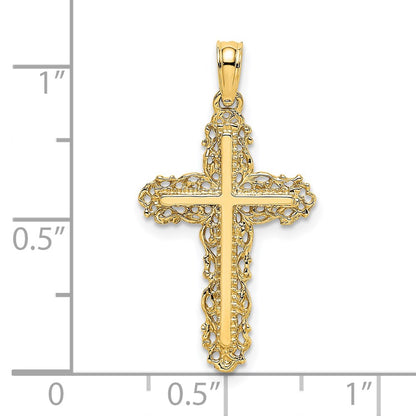 14K Yellow Gold Cross W/ Filigree Lace Trim Charm