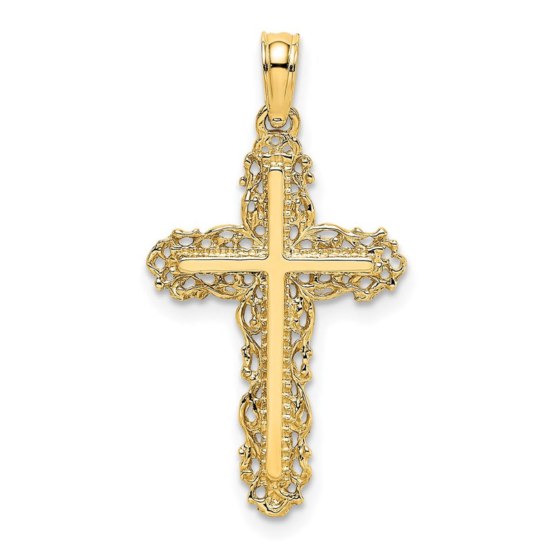 14K Yellow Gold Cross W/ Filigree Lace Trim Charm