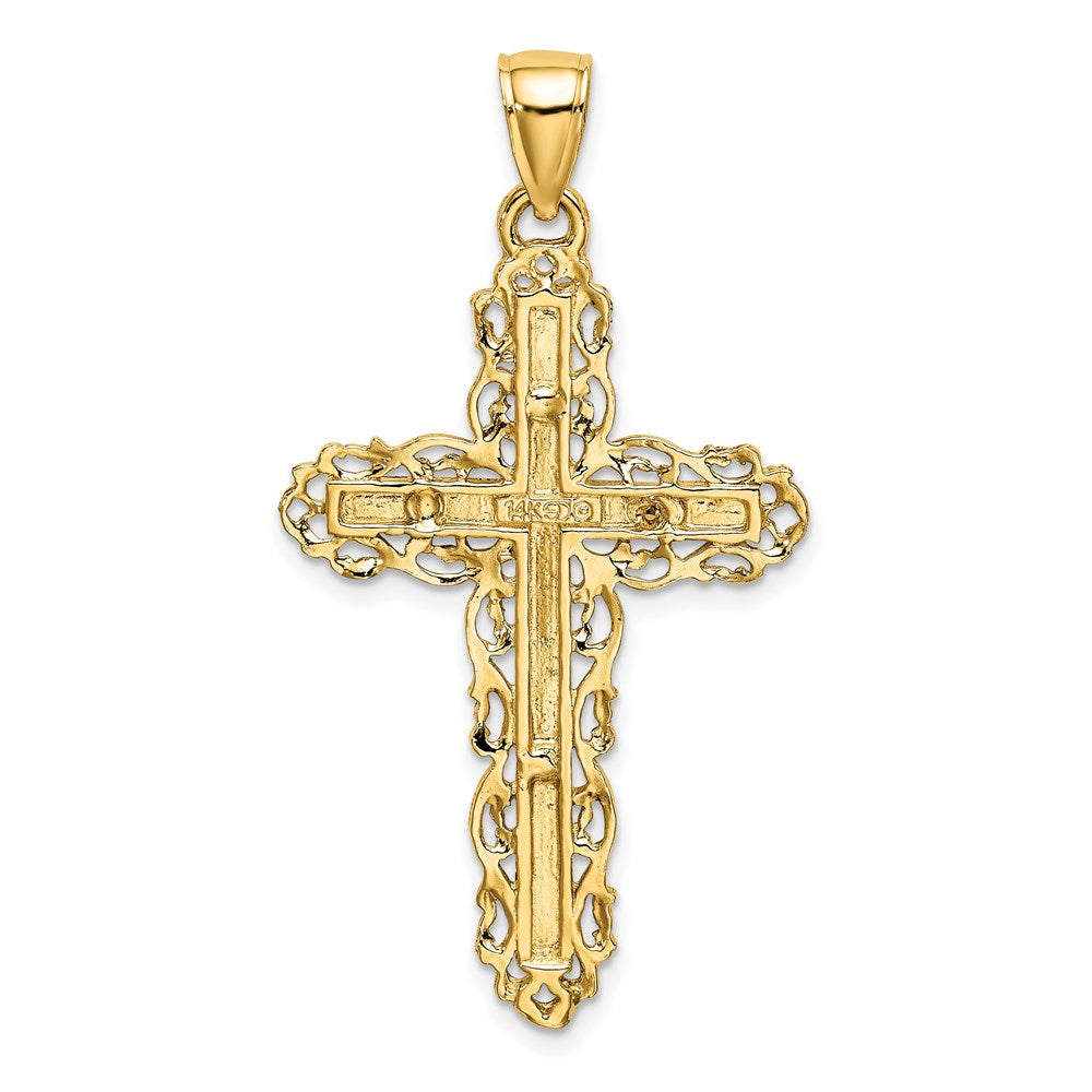 14K Yellow Gold Cross W/ Lace Trim Charm