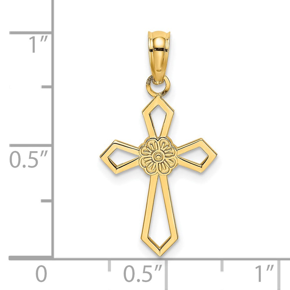 14K Yellow Gold Cut-Out And Flat Cross W/ Flower Charm