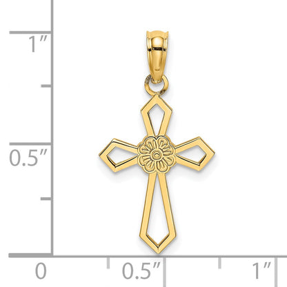 14K Yellow Gold Cut-Out And Flat Cross W/ Flower Charm