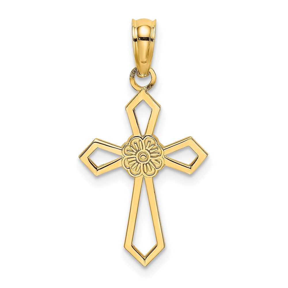 14K Yellow Gold Cut-Out And Flat Cross W/ Flower Charm