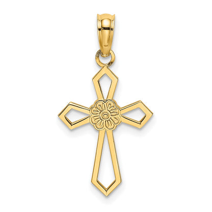 14K Yellow Gold Cut-Out And Flat Cross W/ Flower Charm