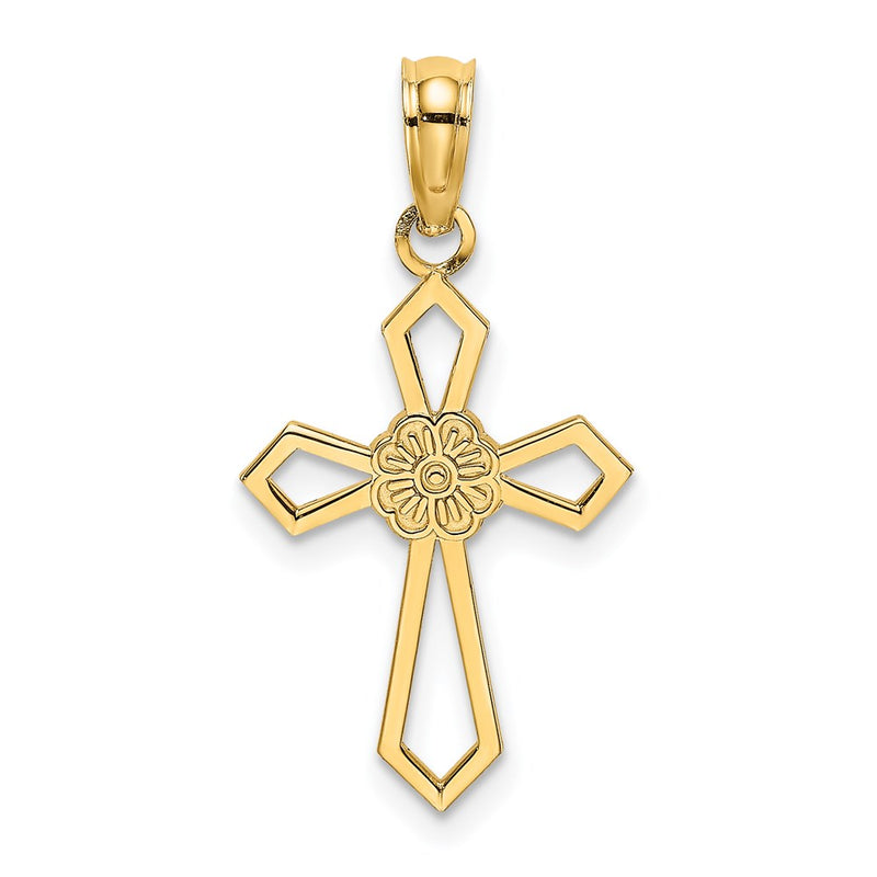 14K Yellow Gold Cut-Out And Flat Cross W/ Flower Charm