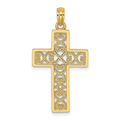 14K Yellow Gold Polished Square Cross W/ Heart Design Charm