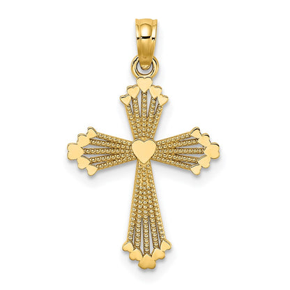 14K Yellow Gold Cut-Out Stripes Cross W/ Heart Charm