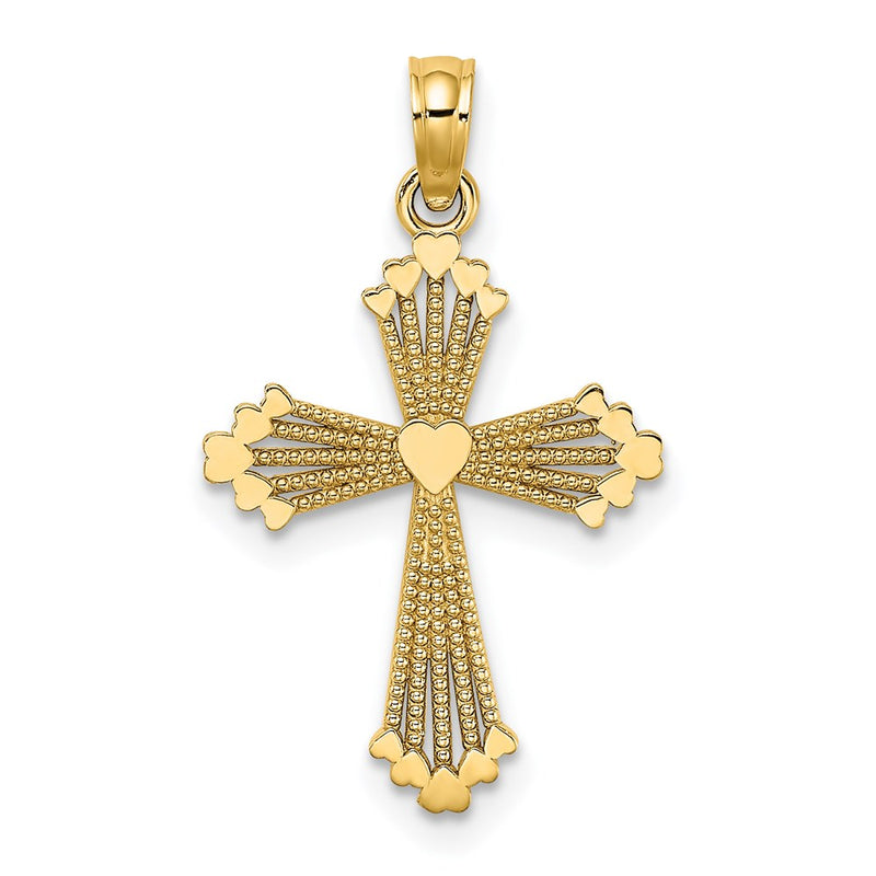 14K Yellow Gold Cut-Out Stripes Cross W/ Heart Charm