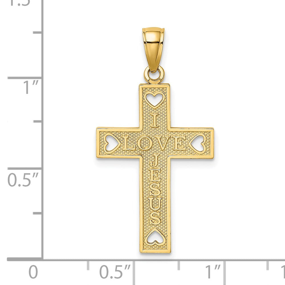 14K Yellow Gold I Love Jesus Cross W/ Hearts Charm