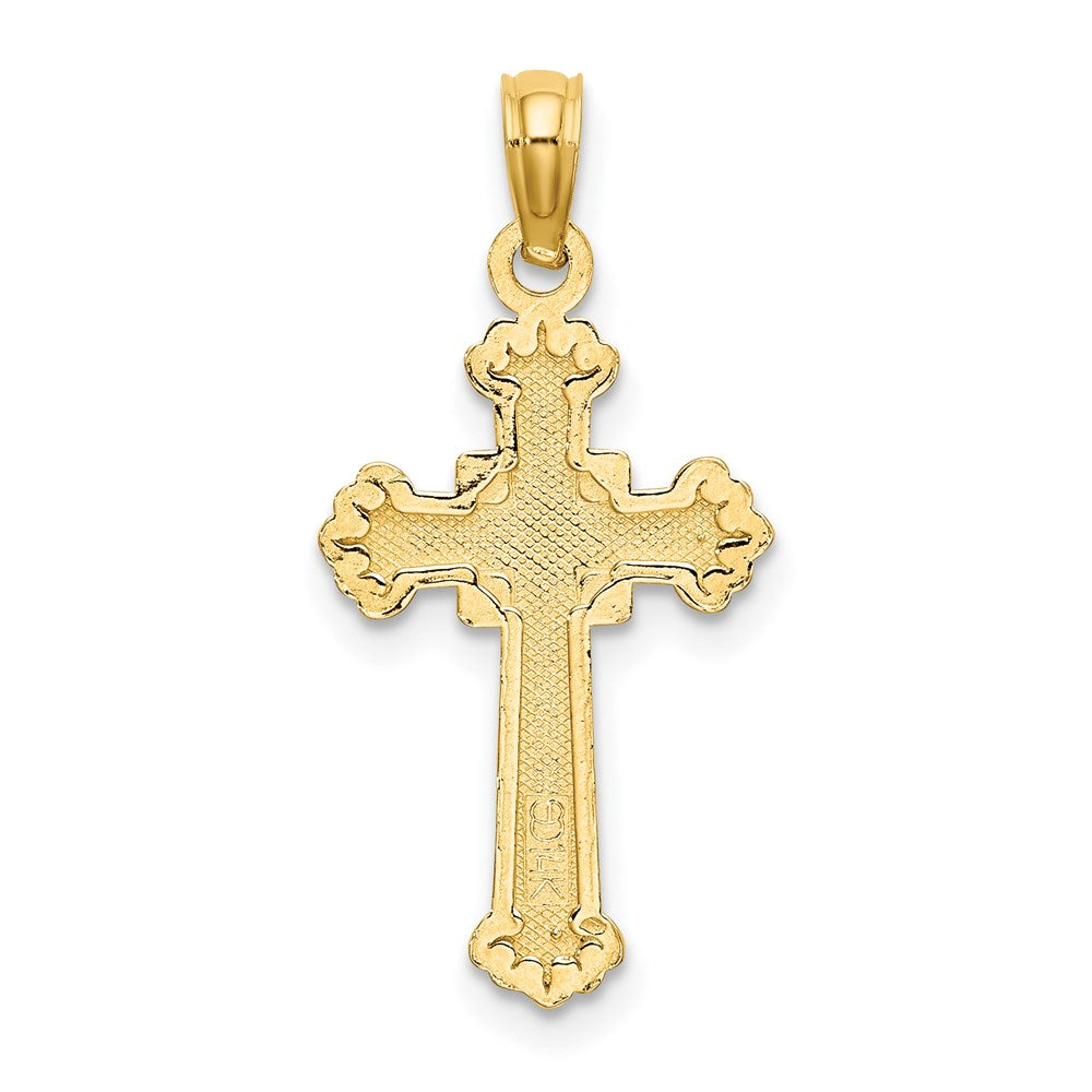 14K Yellow Gold Textured Leaves On Edges Cross Charm