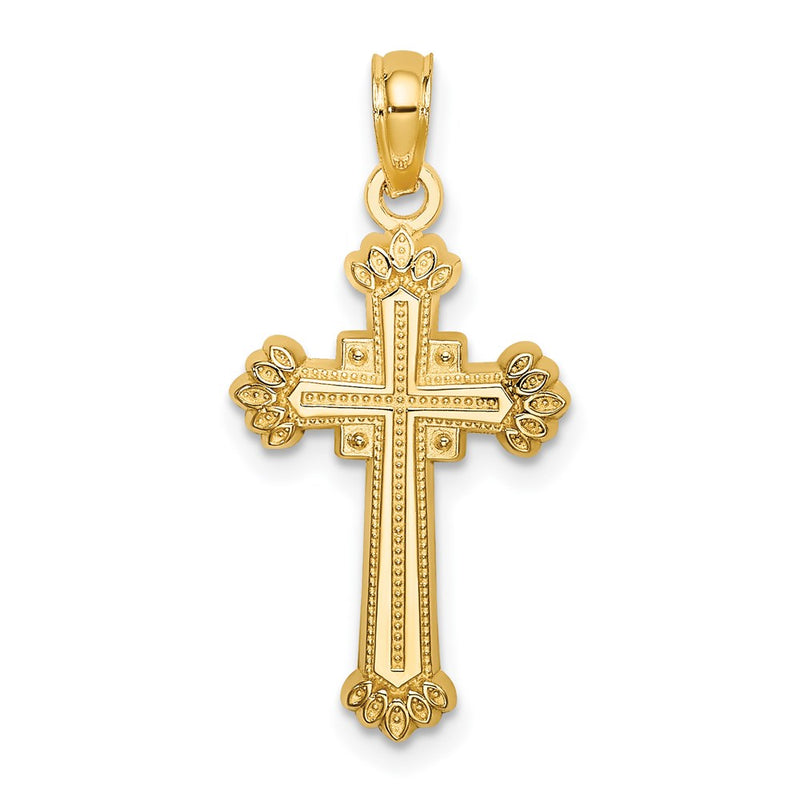 14K Yellow Gold Textured Leaves On Edges Cross Charm