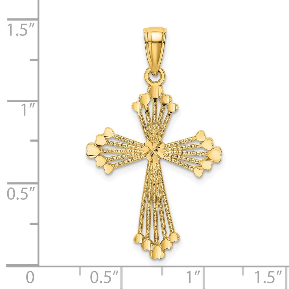 14K Yellow Gold D/C And Cut-Out Stripes W/ Heart In Center Cross Charm