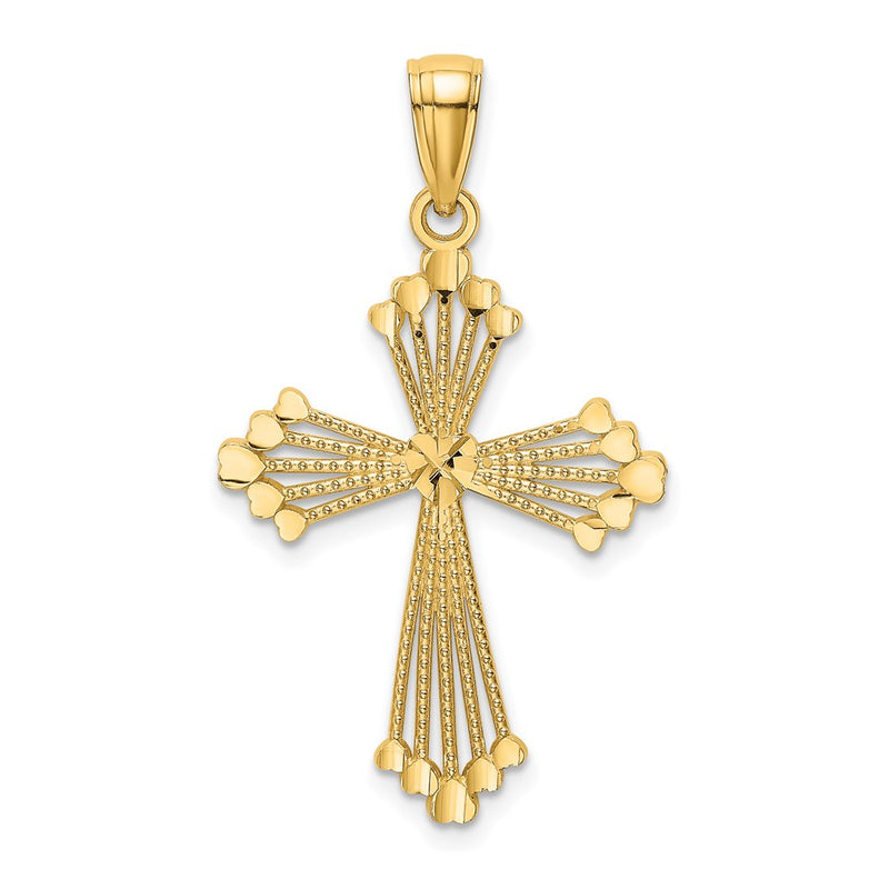 14K Yellow Gold D/C And Cut-Out Stripes W/ Heart In Center Cross Charm