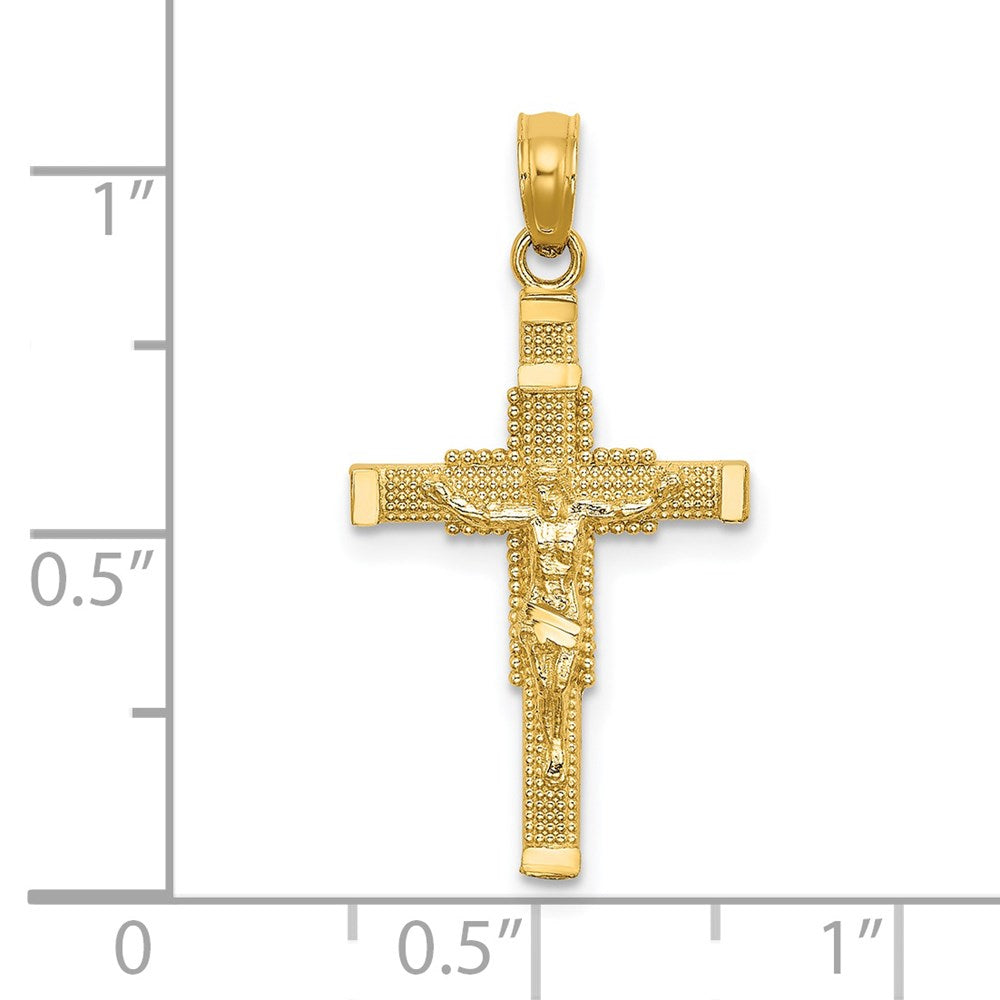 14K Yellow Gold Beaded Accent W/ Cross Behind Crucifix Charm