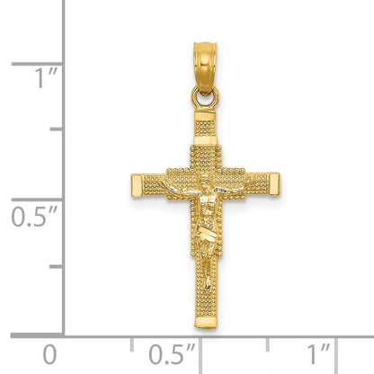 14K Yellow Gold Beaded Accent W/ Cross Behind Crucifix Charm