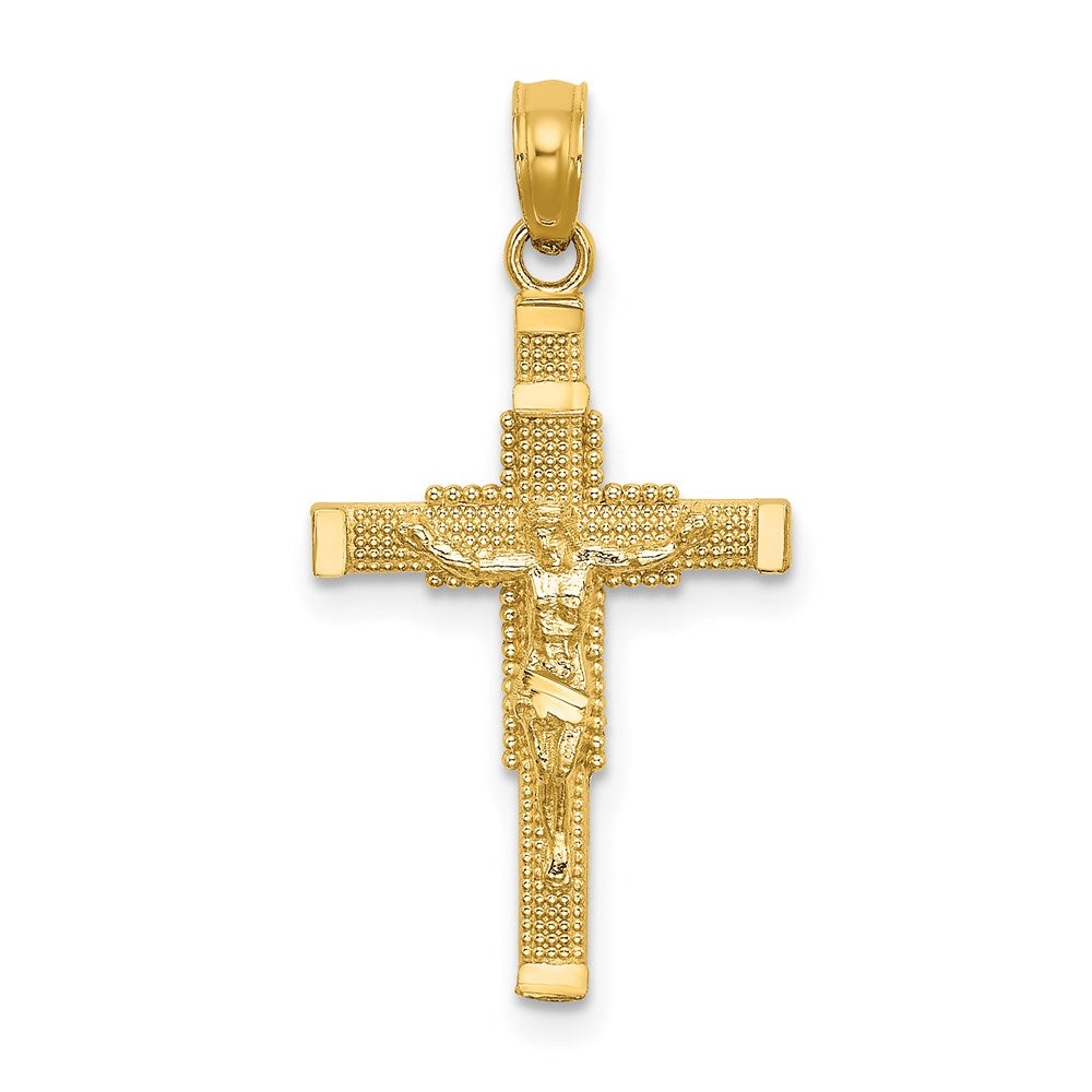 14K Yellow Gold Beaded Accent W/ Cross Behind Crucifix Charm