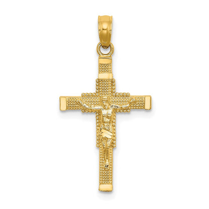 14K Yellow Gold Beaded Accent W/ Cross Behind Crucifix Charm