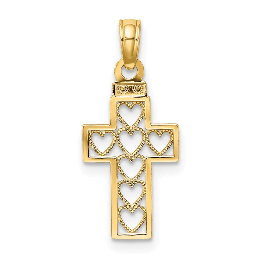14K Yellow Gold Cut-Out Heart Design Cross Charm