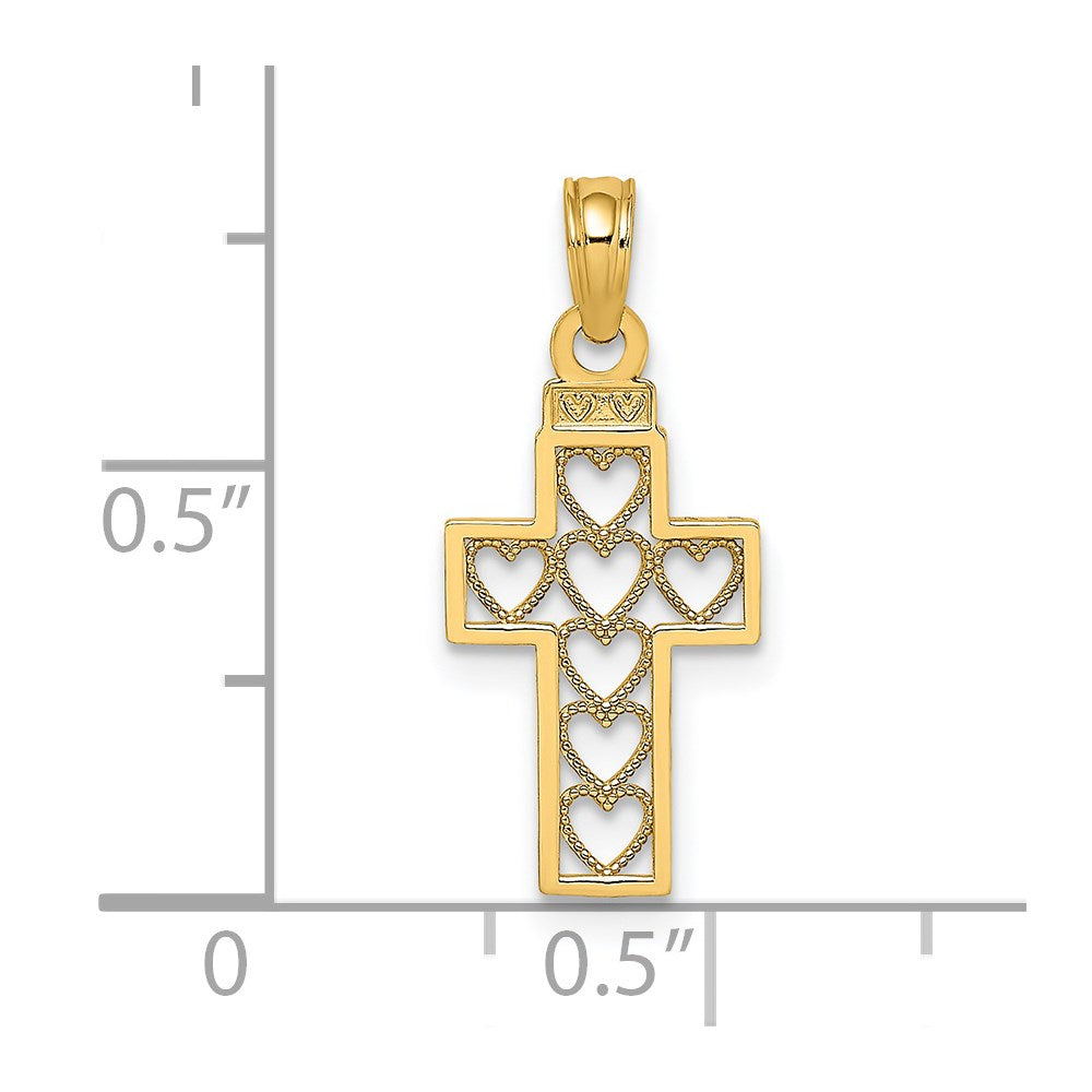14K Yellow Gold Cut-Out Heart Design Cross Charm