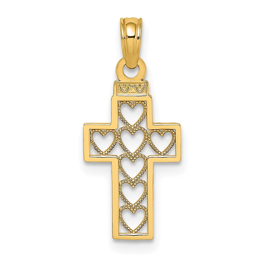 14K Yellow Gold Cut-Out Heart Design Cross Charm