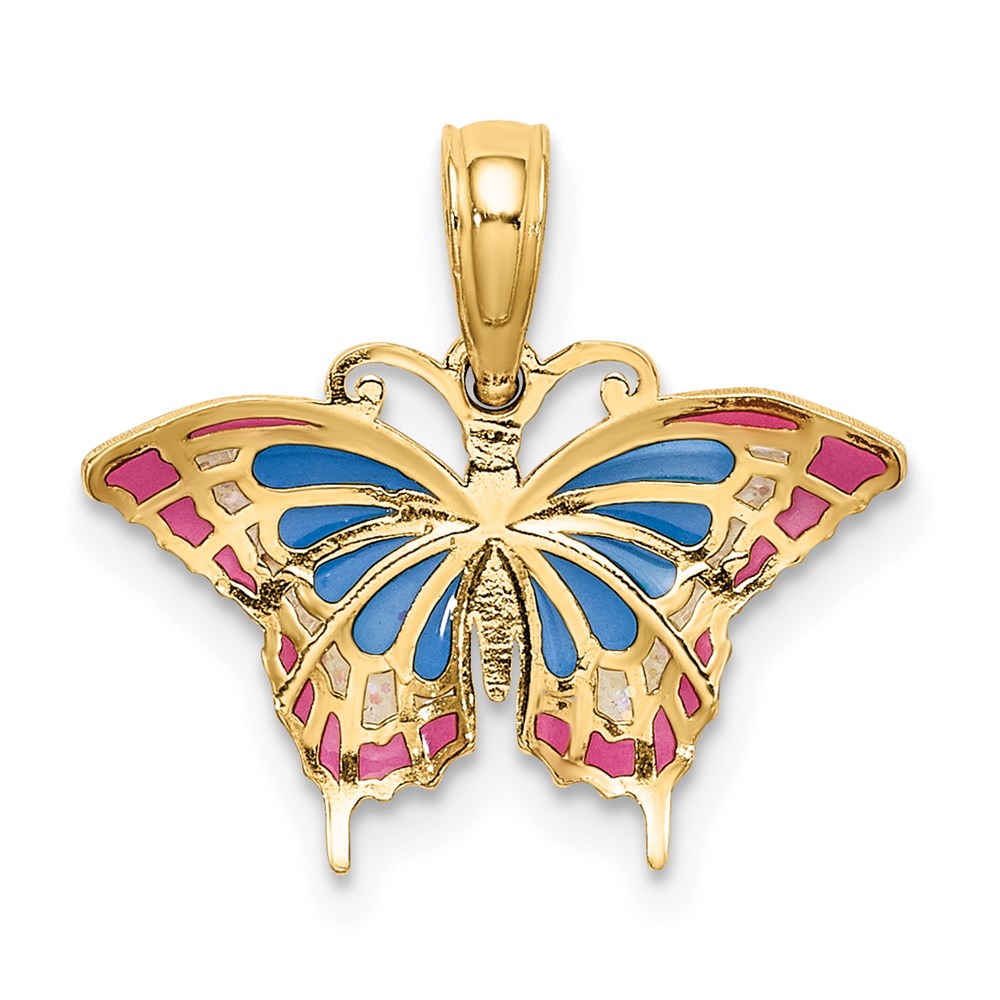14K Yellow Gold Small Enameled Blue And Red Butterfly Charm