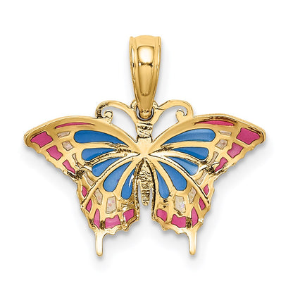14K Yellow Gold Small Enameled Blue And Red Butterfly Charm
