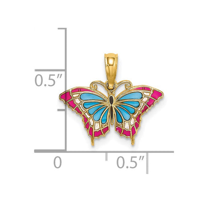 14K Yellow Gold Small Enameled Blue And Red Butterfly Charm