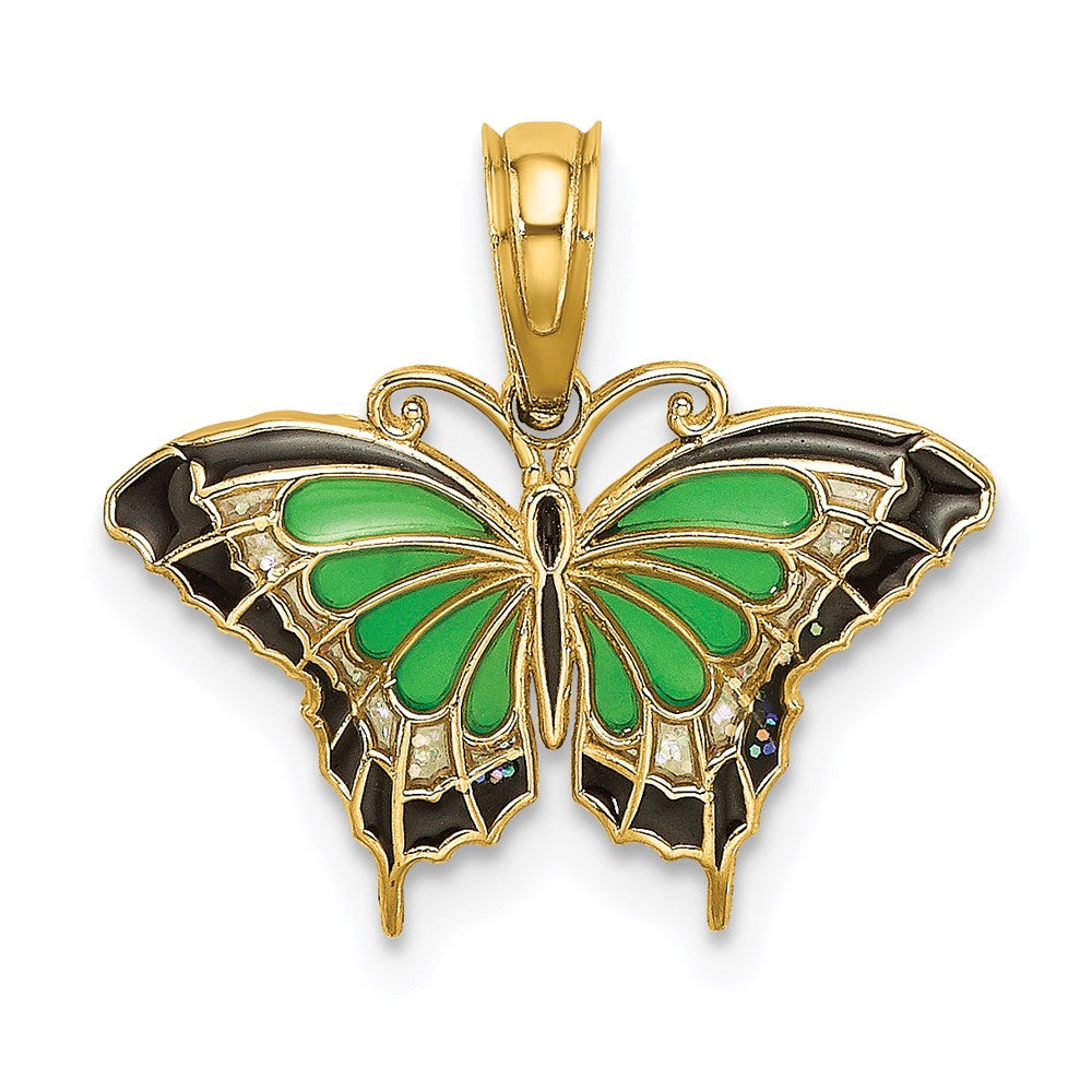 14K Yellow Gold Small Green Enameled Butterfly Charm