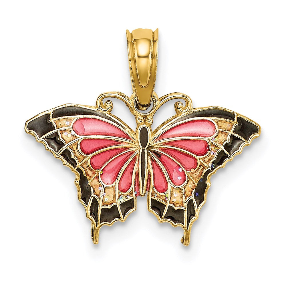 14K Yellow Gold Small Enameled Pink Butterfly